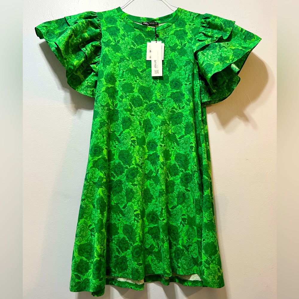 ZARA Double Ruffle Sleeve Floral Summer Greens Dress